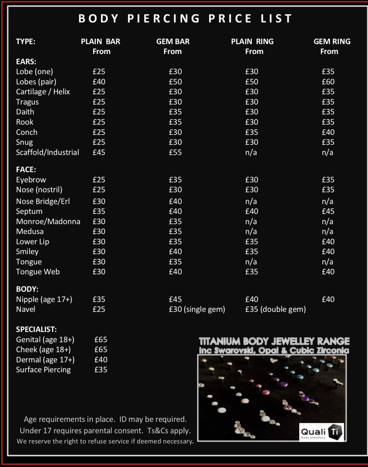 in skin love amp ink piercing tunbridge wells piercing price chart